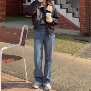 [코코블랑] 워싱 기모 와이드 데님팬츠