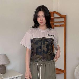 [다잇템] 여성 콘트라스트 카모 스트릿패션 반소매 망사 짧은 티셔츠