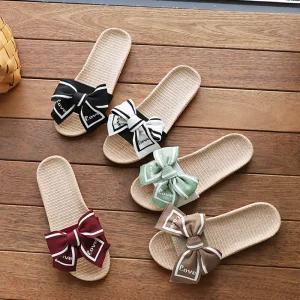 LOVE 자수 리본 라탄 슬리퍼 밀짚 여름 신발 실외화 실내화 샌들 여자