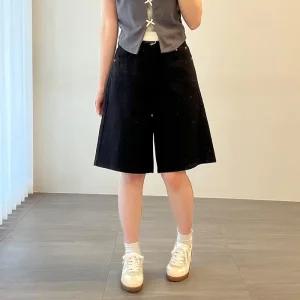 여자 면버뮤다 와이드핏 5부 검정 기본 반바지_4