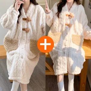 [TOPS KOREA]1+1 극세사 여성 곰돌이 수면 겨울 원피스 파자마 잠옷 빅사이즈 임산부 홈웨어 가운