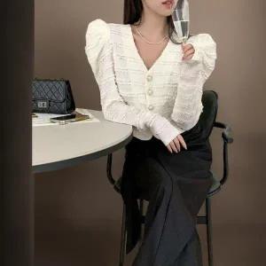 [하프클럽/]여성 클래식 골드 버튼 프릴 트위드 퍼프 소매 가디건