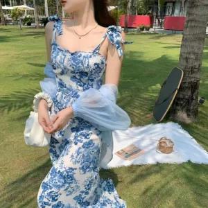 (빠른배송) 롱 여름 민소매 끈 어깨 묶음 플라워원피스 원피스 꽃무늬