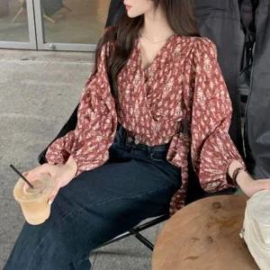 [하프클럽/]심플 허리 스트랩 랩스타일 볼륨 블라우스