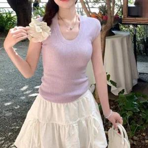 라벤더 여름코디 골지니트 썸머 라벤더탑 데일리