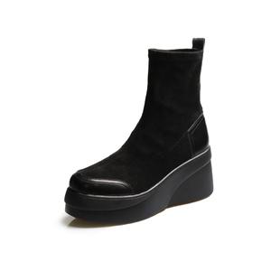 발편한 키높이 스웨이드 스판 삭스 통굽 레이스업 미들부츠