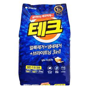 테크 얼룩 냄새제거 브라이트닝 일반드럼 겸용 분말 세탁세제 리필 6kg x 1개