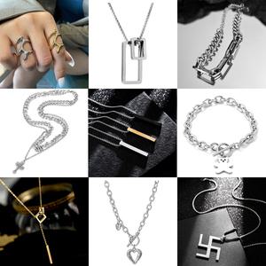 패션 악세사리  써지컬 스틸 커플 세트 남녀 공용 초커 목걸이 팔찌 반지 귀걸이 골드 실버 칼라