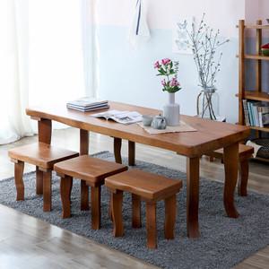 해찬솔 통원목 비담 6인용 식탁세트D 2000 (긴의자+스툴의자3개)/통원목다리/벤치.스툴포함/원목식탁