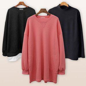 [아이우먼]빅사이즈여성의류 간절기 기모 폴라 맨투맨 롱 티셔츠