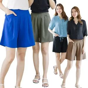 이브바바 여성 여름 인견 밴딩 와이드 쿨 플레어 하프 반바지 핀턱 팬츠