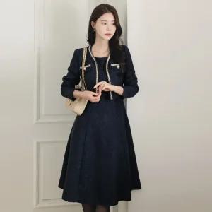 [시크라인] (~XXL까지) 만하임 크롭 자켓 레이어드 트위드 원피스 겨울 플레어 하객룩 오피스룩 격식룩 데이트룩