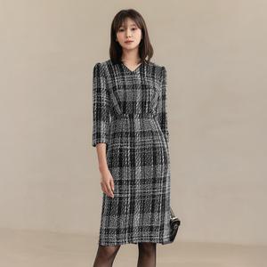 [시크라인] (~XXL까지) 아모네 체크 트위드 원피스 겨울 H라인 7부 하객룩 모임룩 격식룩 페미닌룩 모던룩 자체제작