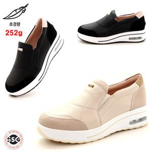[천연소가죽 초경량 252g] 가볍고 발볼편한 여성 쿠션감좋은 에어창 스니커즈 끈없는 신고벗기 편한 키높이 키커보이는 워킹 슬립온 운동화 GS P-340