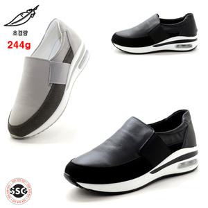 [천연소가죽 초경량 244g 에어 고무창 3.5cm] 가볍고 발을감싸주는 밴딩 여성 신기편한 끈없는 슬립온 스니커즈 푹신한 운동화 NGS S-420