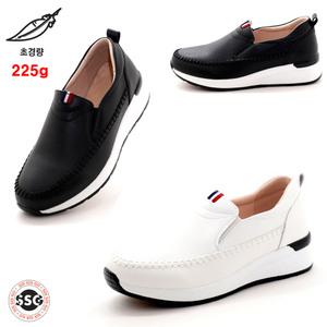 [천연소가죽 초경량 225g 고무창 3cm] 안신은듯 가볍고 발등편한 양밴딩 여성 워킹 런닝 키높이 끈없는 슬립온 스니커즈 운동화 NGS S-137