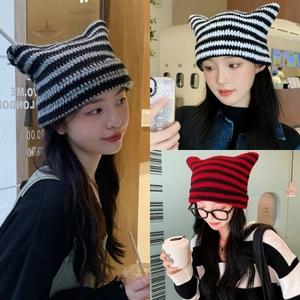 뿔단가라비니 스트라이프 모자 패션 악마 데일리 니트