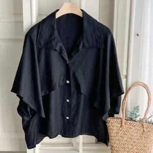 여성 넓은 카라넥 이중케이프 언발 얇은 블라우스 DGB-WBL-4569-블랙