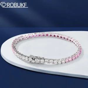 남자 모이사나이트 테니스 팔찌 다이아 랩 다이아몬드 여성용 레드 925 스털링 실버 큐빅 웨딩 3mm