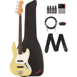 펜더 플레이어 II 재즈 베이스 - 히알레아 옐로우 번들(긱 백, 스트랩, 케이블, 3팩 픽 및 기타 클리닝 키트 포함)
