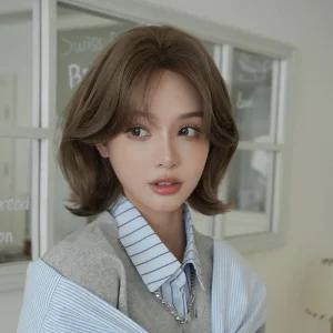 뿌이뿌이가발 디어애쉬 세미 단발 C컬 레이어드 웨이브 자연스러운 시스루뱅 볼륨펌 단정 패션 헤어 통가발