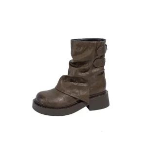 피카소 좋으니 폭신 발?한 여성용 커버 셔링 통굽 미들 부츠