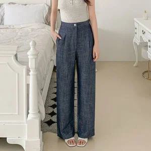 여자 링클프리 여름데님 핀턱 와이드 스판 쿨 청바지_3