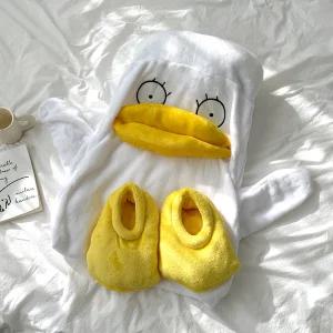 오리 로브 신발 세트 극세사 코스튬 수면잠옷 긴팔 원피스 가운 여성 기모 파자마 겨울 파티