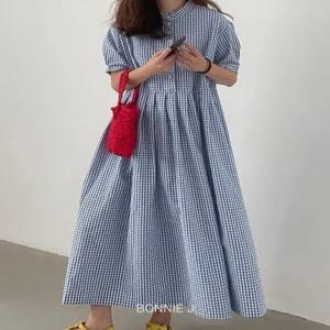 [보니제이]체크 데이트룩 반팔 롱원피스 A라인 퍼프 반소매 블루
