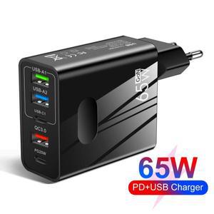 GaN 충전기 65W USB PD 멀티 플러그 포트 고속 모바일 폰 타입 C 월 어댑터 아이폰 샤오미 삼성용
