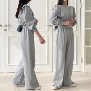 여성 기모 면 무지 퍼프 크롭 맨투맨 와이드 팬츠 트레이닝 세트 츄리닝 투피스 -WPST0280- 겨울