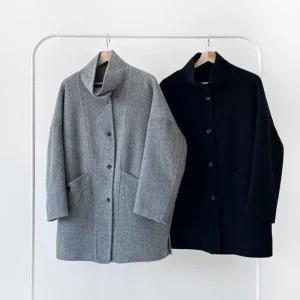 여자 핸드메이드 울 하이넥 루즈핏 긴팔 코트