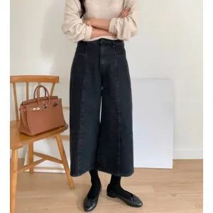 럭키룸 앞절개 포켓 흑청 기모 데님 겨울 8부 9부 와이드 크롭 버뮤다 데님 SML