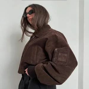 스웨이드 자켓 재킷 가죽 점퍼 겨울 세무 여성 솔리드 숏 코트 라펠 넥 지퍼 칼라 긴 루즈핏 아우터 2025