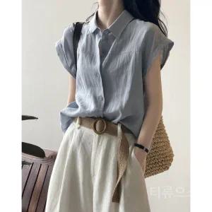 티류으스 프리미엄 린넨 블루 반팔 셔츠 여성용 가을 오피스룩 플라이 슬리브 민소매 면 상의 WX