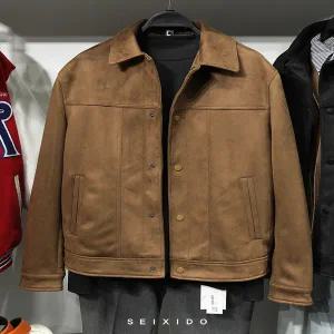 스웨이드 자켓 재킷 가죽 점퍼 세무 잠바 캐비닛 499 유럽풍 미국풍 심플 가을/겨울 남성 모조 라펠 슬림