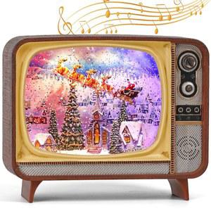 엘크 카트 장면 랜턴, 볼륨/라이트 모드/크리스마스 장식용 타이머, USB 또는 배터리로 제어 가능한 반짝이는 스노우 글로브 재생하는 TV 산타클로스