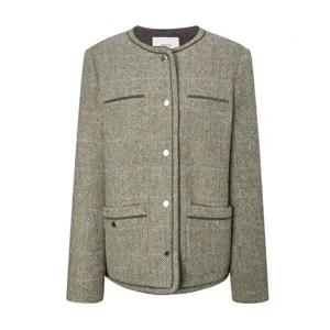 [셀러허브 패션]헤지스 여성 라운드넥 체크 트위드 자켓 라이트카키 HSJA5D901K1