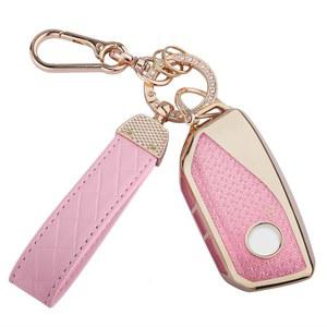 [미국배송] BMW 키 포브 커버 시드위 2023 2024 7 시리즈 740 760I I5 IX X1 X5 X6 X7 XM 골드 핑크용 소프트 TPU 프로텍터 블링 체인