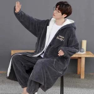 남성 겨울 잠옷 가운 퍼수면 홈웨어 방한 후드형 롱 로브 따뜻