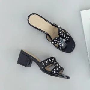 [S42A304]큐빅 뮬슬리퍼 미들힐 슬리퍼 샌들 6cm