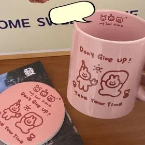 (색상 핑크)사무실 생일 크리스마스 생일 선물 귀여운 디자인 머그컵 티코스터 세트