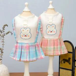 강아지 소형견 여름 드레스 흰색 스트랩 귀여운 요크 스커트 옷 치와와 반려동물팬츠 체크무늬 후드