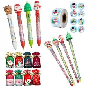 크리스마스 볼펜 6색 10색볼펜  리본 포장 구디백 4장 스티커 라이트 브로치/어린이집 유치원 초등 초등학생 크리스마스문구 학용품 선물 소품 단체선물
