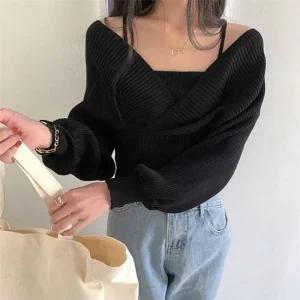 [라일리여성의류] Rly 여성 오프숄더 브이넥 벌룬소매 골지니트