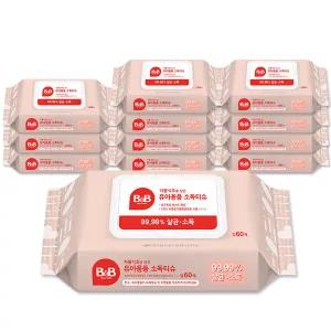 비앤비 자몽식초 유아용품 소독티슈 캡형 60매 x12팩 세정 안심제균