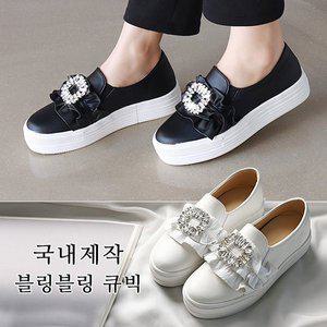 [바닐라슈]데리트 큐빅 프릴 고무통굽 키높이 슬립온 스니커즈(4cm)