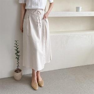 여자 롱 클래식 리본 랩 에이라인 치마