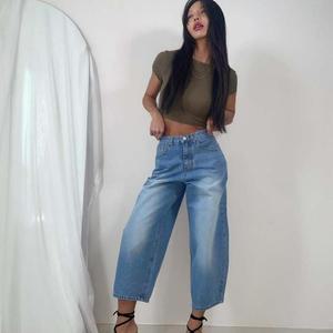 여자 워싱 Y2K 와이드진 9부 라이트블루 청바지