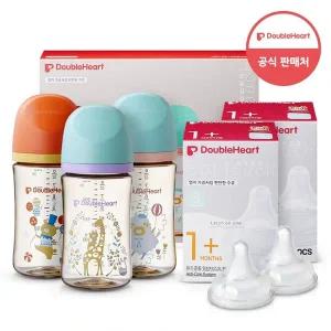 [더블하트] 모유실감 3세대 PPSU 젖병 디어프렌즈 트리플팩 240ml +3세대 젖꼭지2입x2개(S)